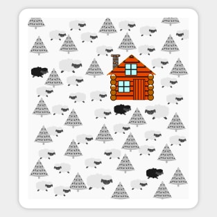 Winter cabin with sheep Sticker